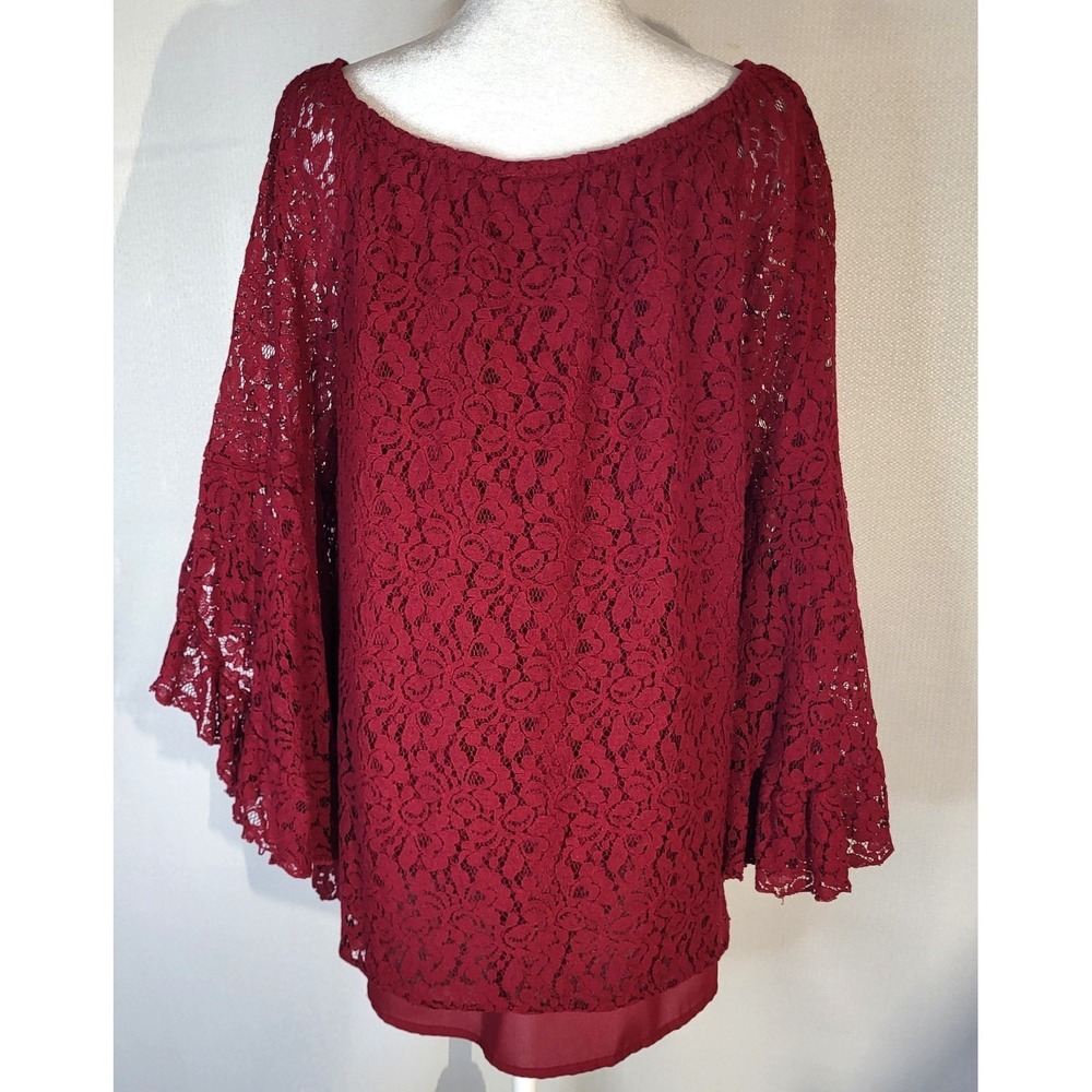 Forgotten Grace Burgundy Lace Off Shoulder Bell‎ Sleeve Top Women's Size L - Picture 2 of 8